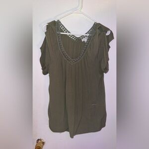 Rebecca Malone Olive Blouse with Lace Trim